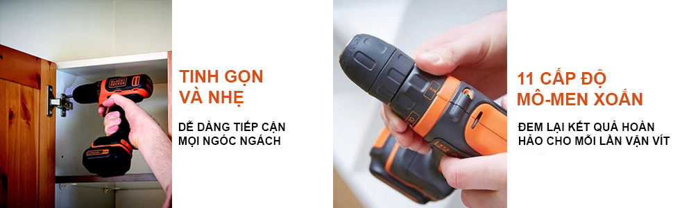 BDCDD12K - Máy khoan vặn vít dùng pin Black & Decker Li-ion 10.8V/1.5Ah 10mm đi kèm hộp nhựa 11 chi tiết