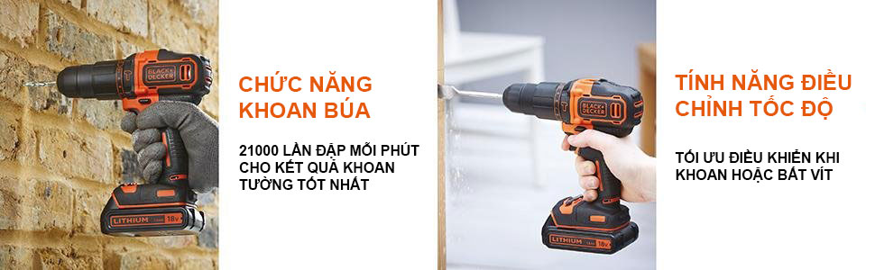 BDCHD18K - Máy khoan động lực dùng pin Black & Decker Li-ion 18V/1.5Ah 10mm